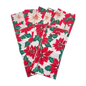 Vtg Set 8 Christmas Cloth Napkins Poinsettias Hav-a-Hank Prop USA Mid Century